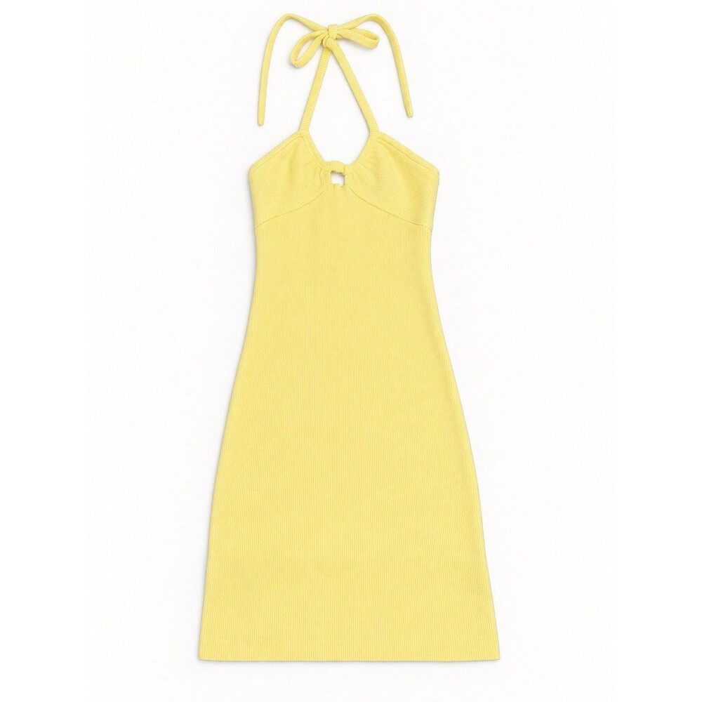 For Love & Lemons Mona Butter Yellow Ribbed Knit Halter Mini Dress S